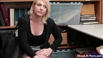 Teen blonde is arrested by store officer for stealing jewelry in the store.The officer conducts a strip search and he founds the item inside her bra.After that,he tells her that if she makes him happy he wont call the cops and let her go. video